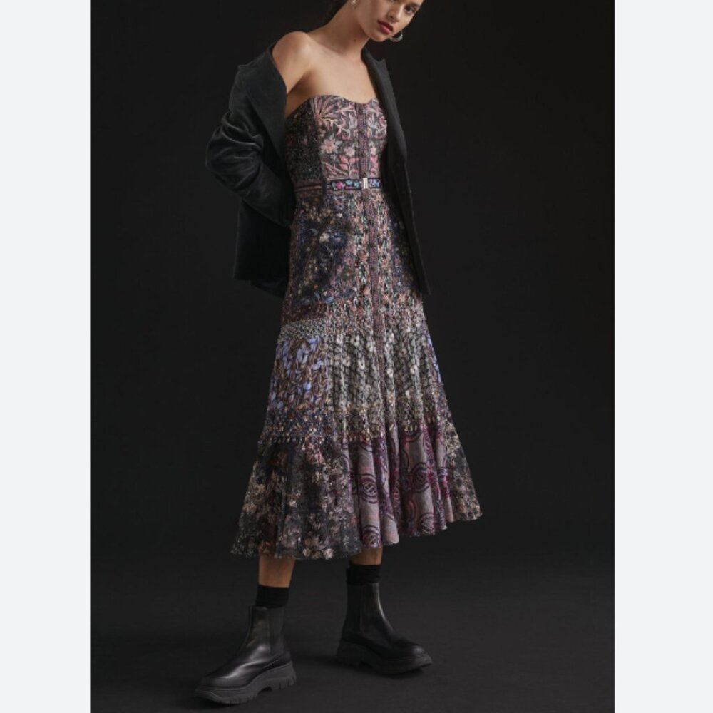 NWOT In Earnest by Byron Lars Embroidered Midi Dress Strapless Textural Lace